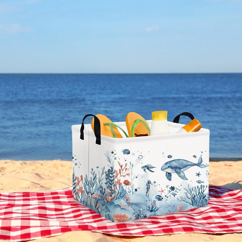 FXOCSHE Rectangle Fish Sea Turtle Baby Basket,Waterproof canvas foldable laundry basket,Nursery Hamper,Ocean party storage bin,Pool toy beach towel storage box(Sea) - Image 4